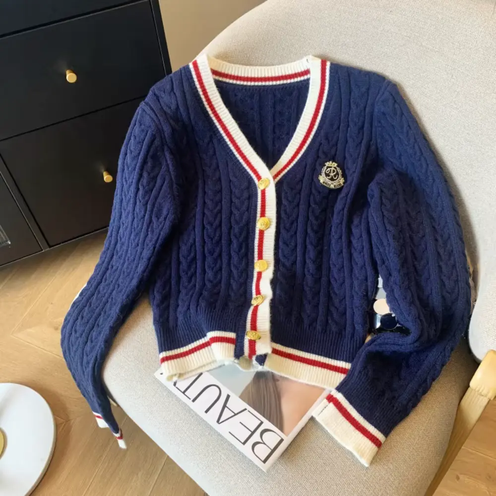 Women's cream cashmere blend preppy cardigan with V-neck and twist knit texture for autumn layering