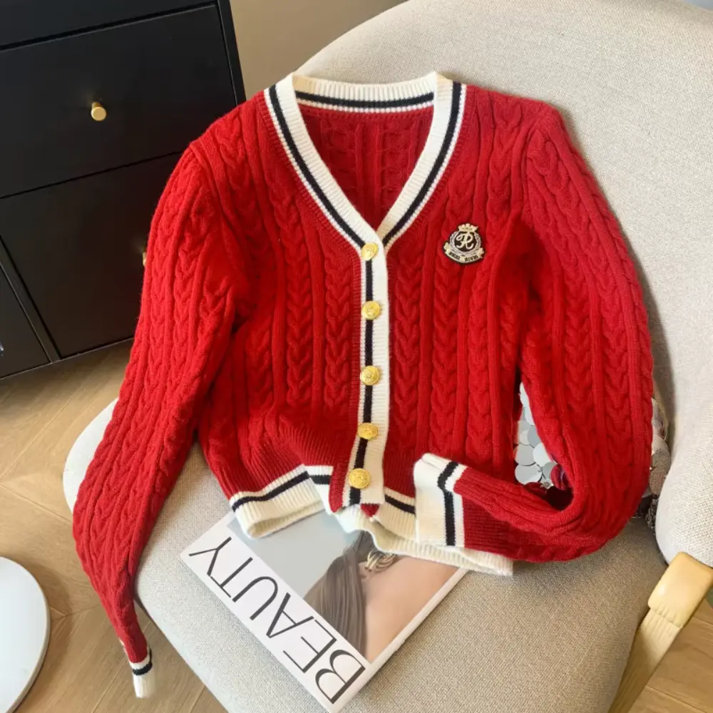 Women's ivory cashmere blend preppy cardigan with V-neck and twist knit texture for autumn layering