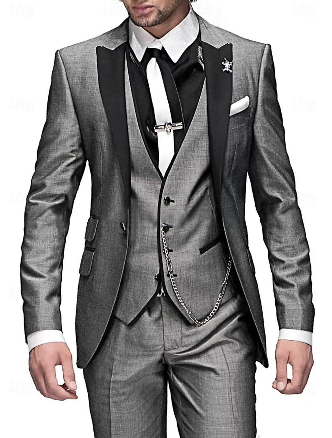 Men's slim-fit linen three-piece suit set in neutral tone, breathable blazer vest trousers for weddings