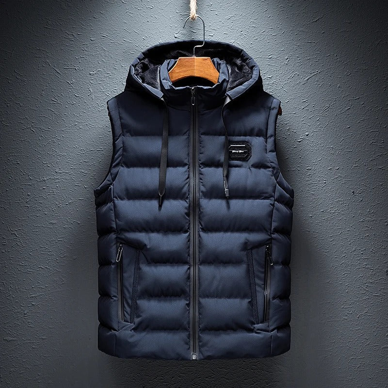 Men's hooded outdoor vest warm sustainable layer for cool days with modern styling