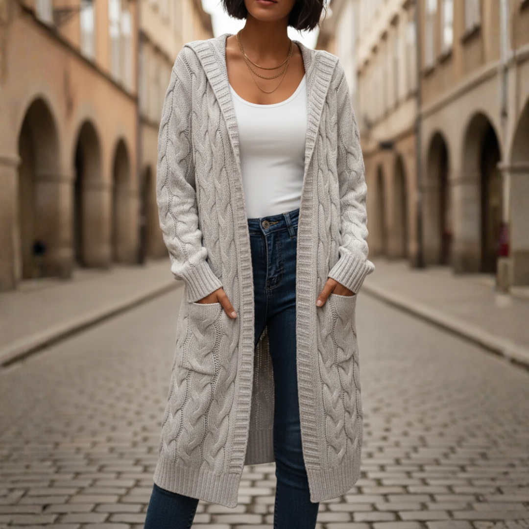 Women's long knit cardigan with pockets in light gray, cozy braided texture, relaxed fit for all seasons