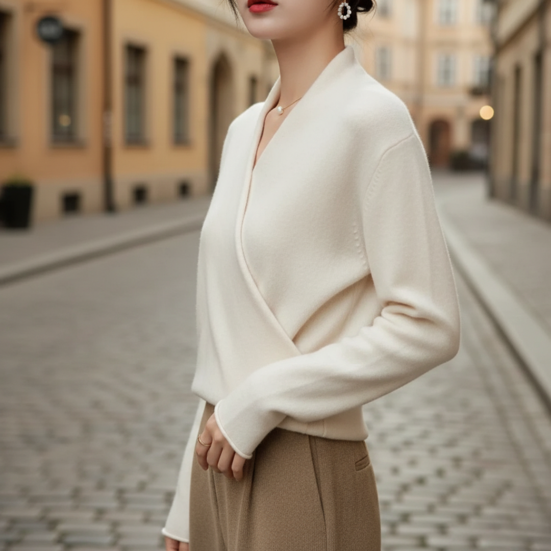 Women's soft polyester V-neck sweater in white, brown, or apricot for casual and dressy looks