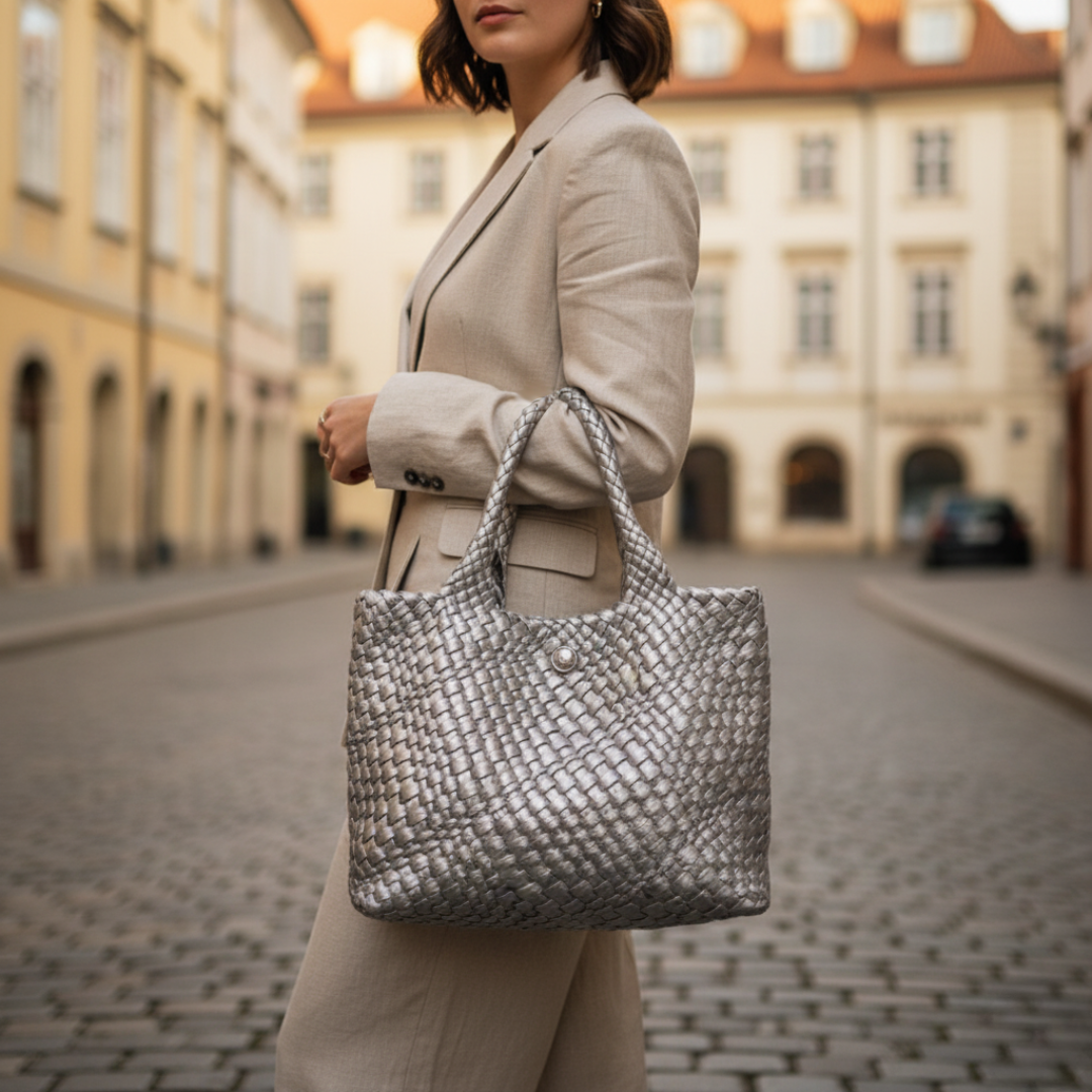 Women's black woven leather tote bag elegant spacious silhouette perfect everyday essential