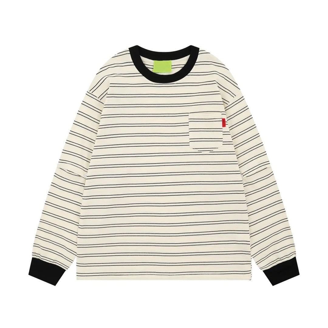 Men's striped cotton relaxed fit t-shirt with chest pocket and subtle red tab accent