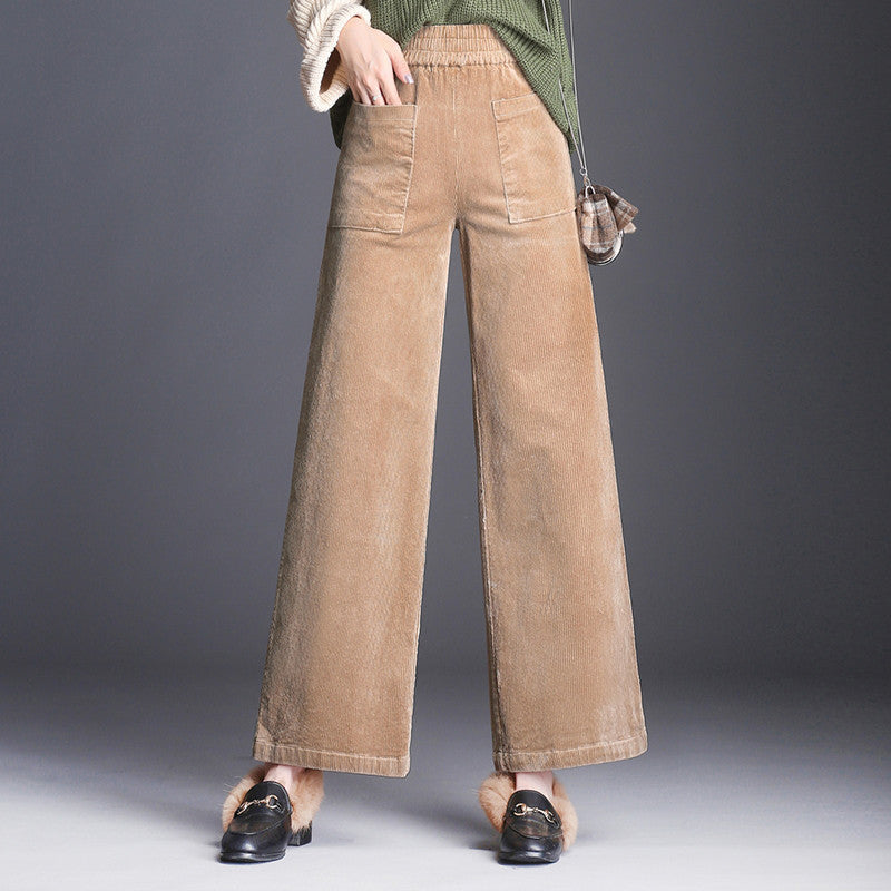 Women's burgundy high-waist flared corduroy pants with patch pockets and retro flared hem