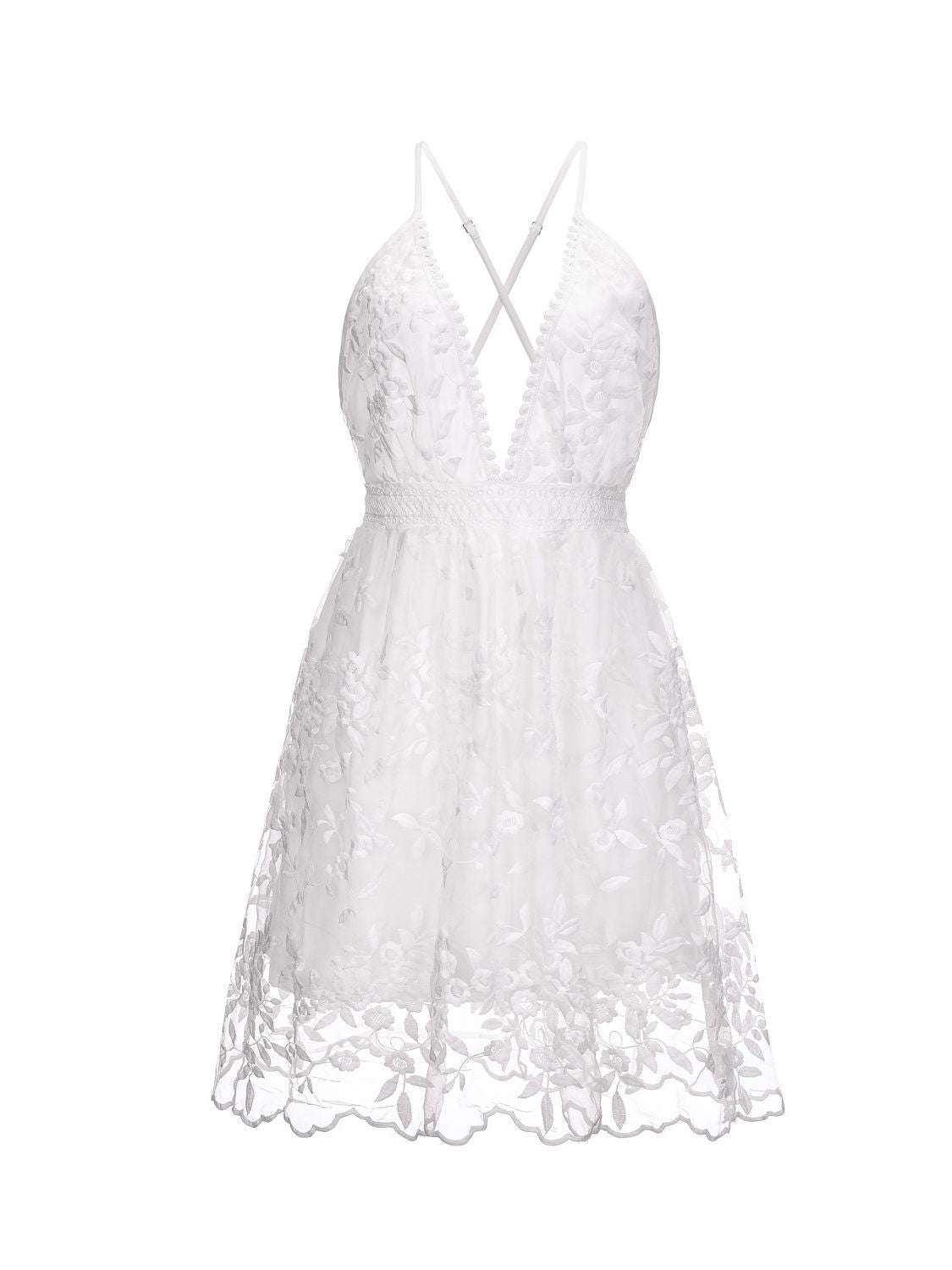 Floral embroidered spaghetti strap A-line dress with deep V-neck, lightweight feminine summer style