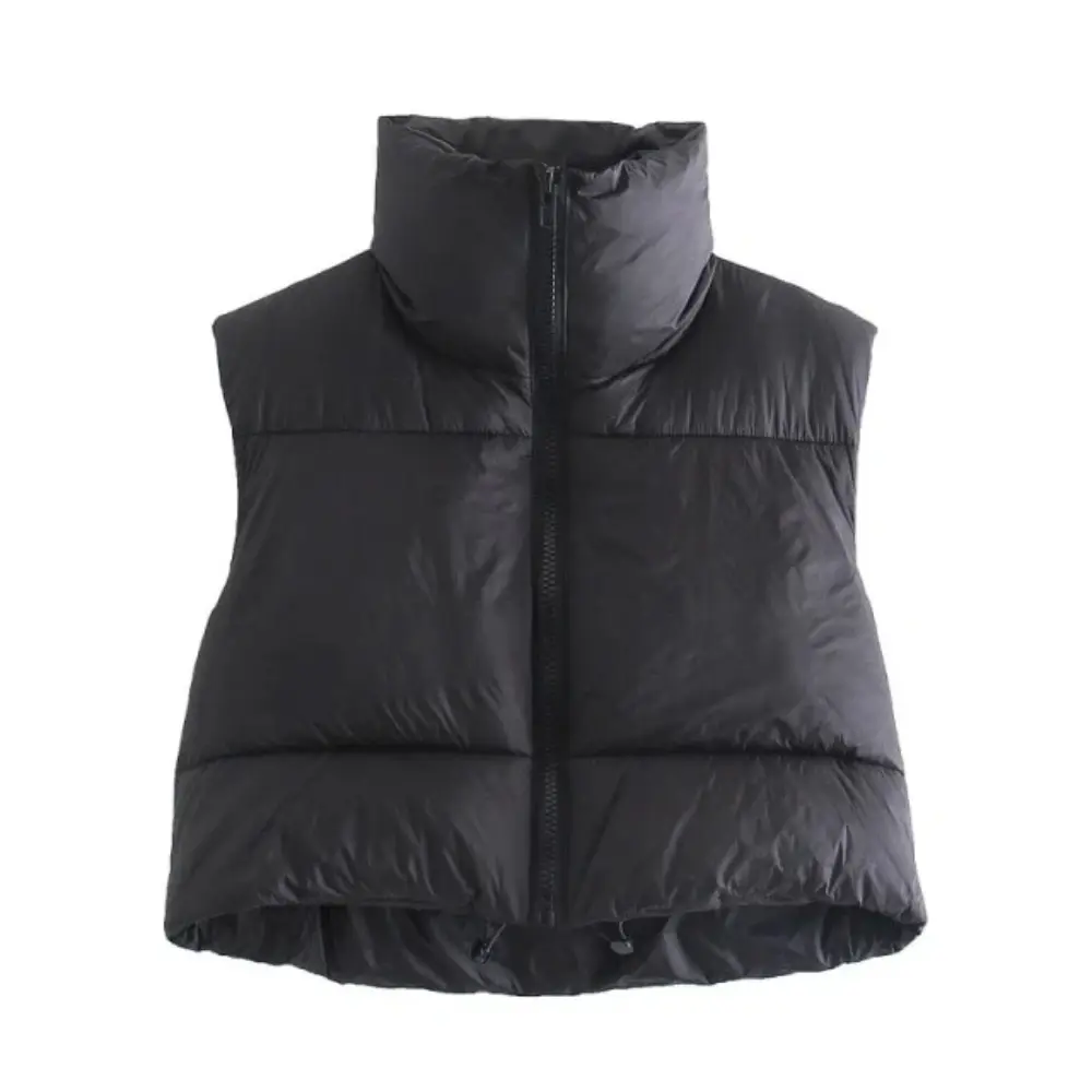 Women's cropped black puffer vest lightweight padding internal drawstring waist sleeveless layer