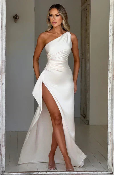 Champagne satin one-shoulder evening dress with high slit, fitted silhouette for formal occasions