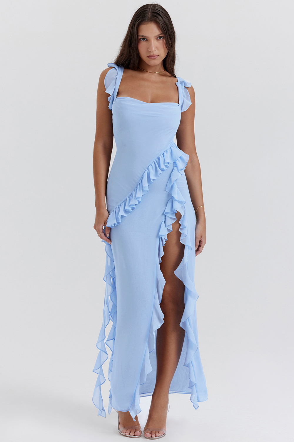Melantha ruffled maxi dress with adjustable straps, high slit, elegant evening gown feminine silhouette