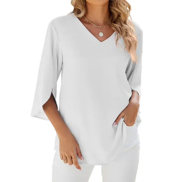Women's relaxed fit V-neck top with slit sleeves, elegant everyday style in breathable fabric