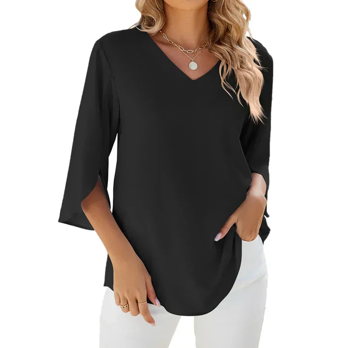 Women's relaxed fit V-neck top in neutral tone with elegant slit mid-length sleeves for everyday wear