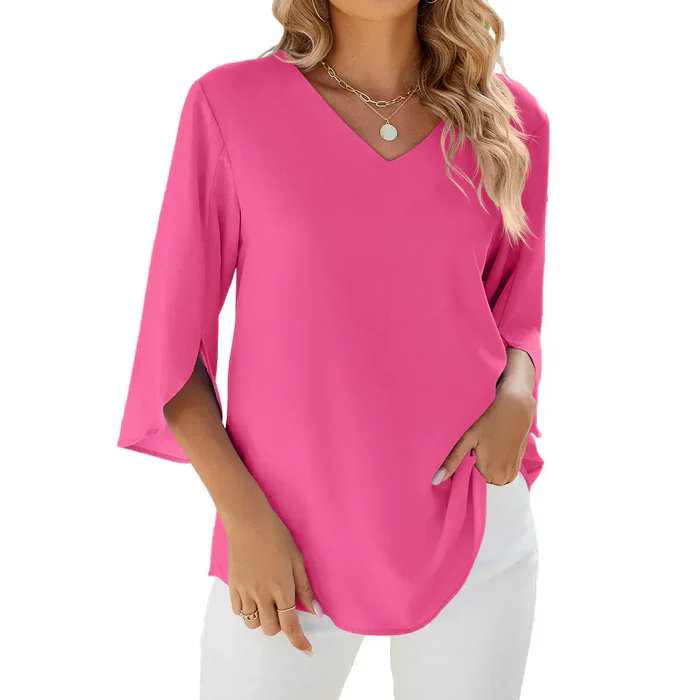 Women's relaxed fit V-neck top with slit sleeves, elegant everyday style in breathable fabric
