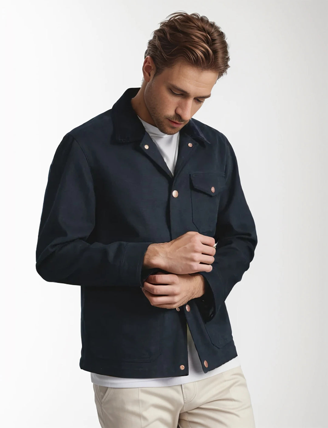 Men's navy relaxed-fit button-down jacket with copper-toned hardware for timeless everyday style