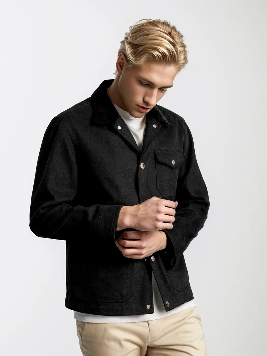 Men's navy relaxed-fit button-down jacket with copper-toned hardware for timeless everyday style
