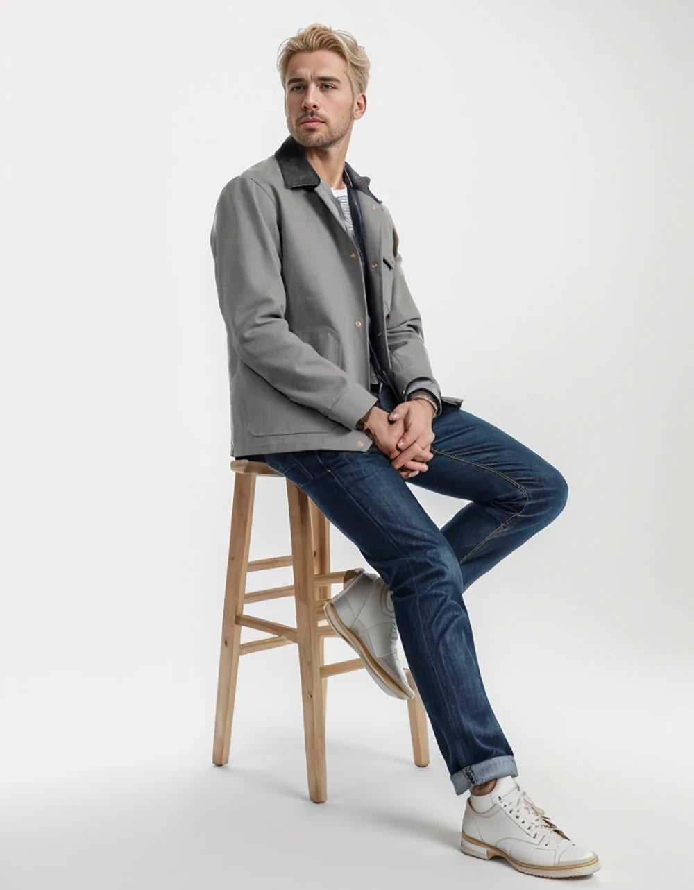 Navy relaxed-fit men's button-down jacket with copper-toned hardware for timeless everyday style