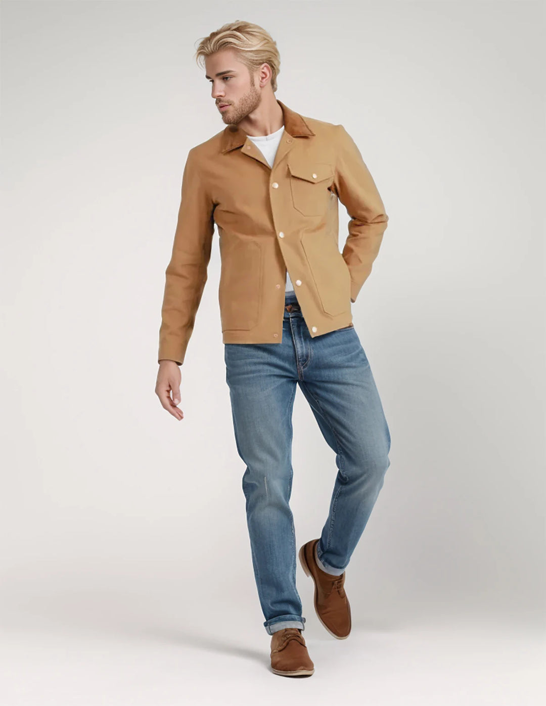 Navy relaxed-fit men's button-down jacket with copper-toned hardware for timeless everyday style