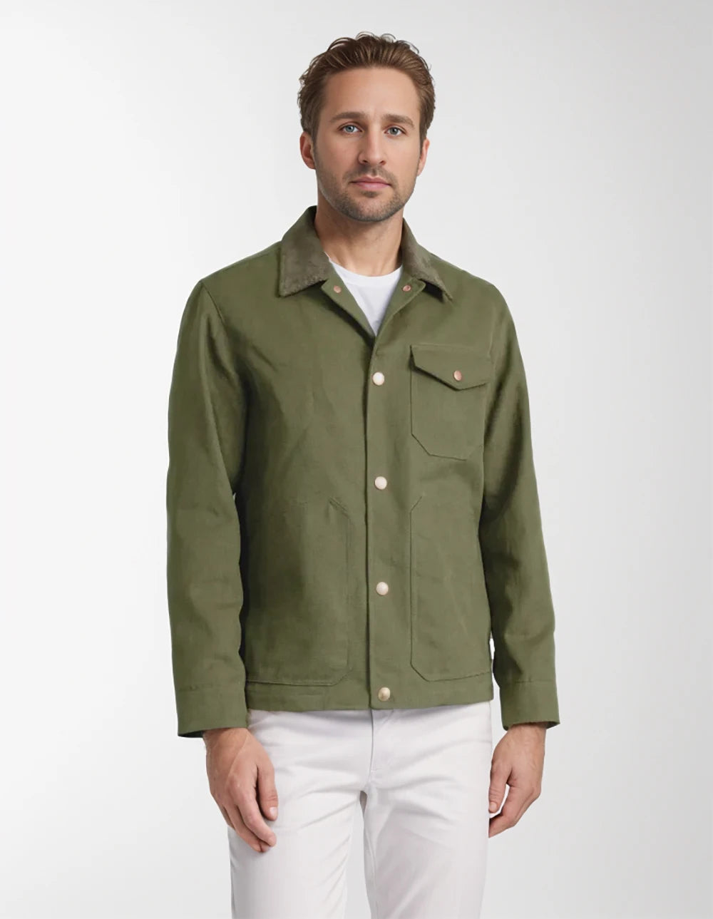 Navy relaxed-fit button-down jacket for men with copper-toned hardware closure