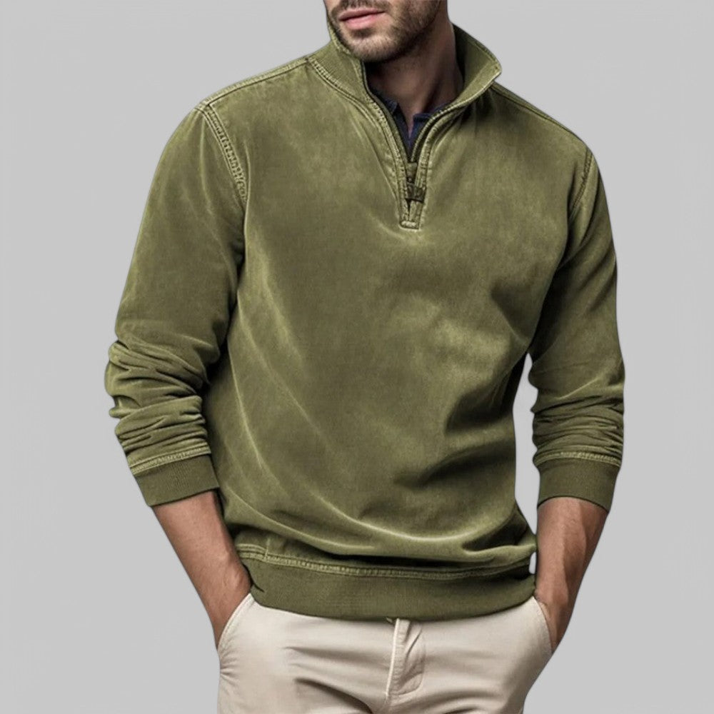 Men's gray half-zip stand collar sweater, casual relaxed fit with refined layering warmth