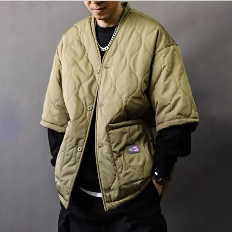 Black quilted bomber jacket oversized loose fit Asian-inspired design with big utility pockets streetwear