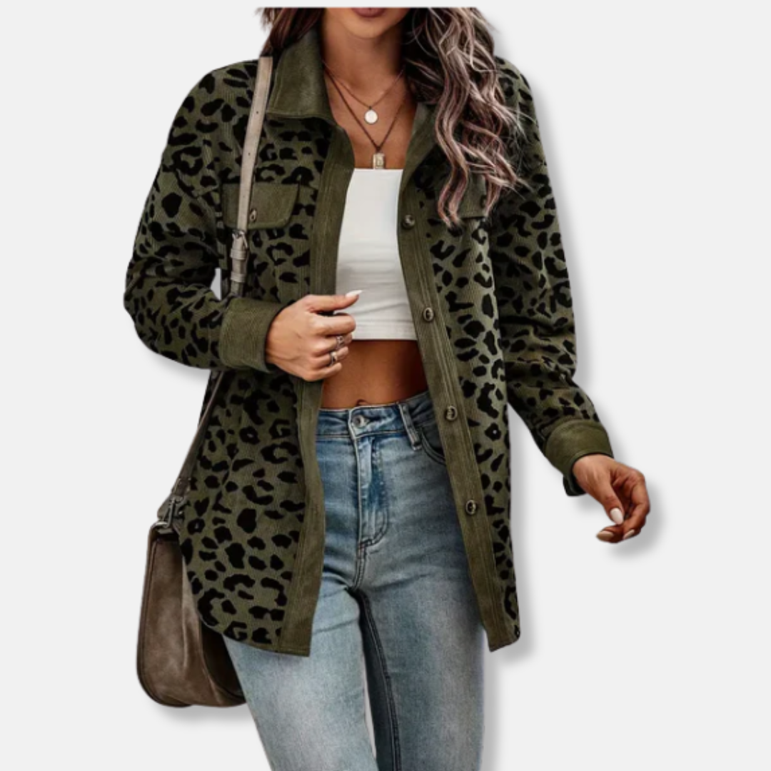 Women's relaxed fit corduroy shacket bold animal print ribbed texture button-up long sleeve