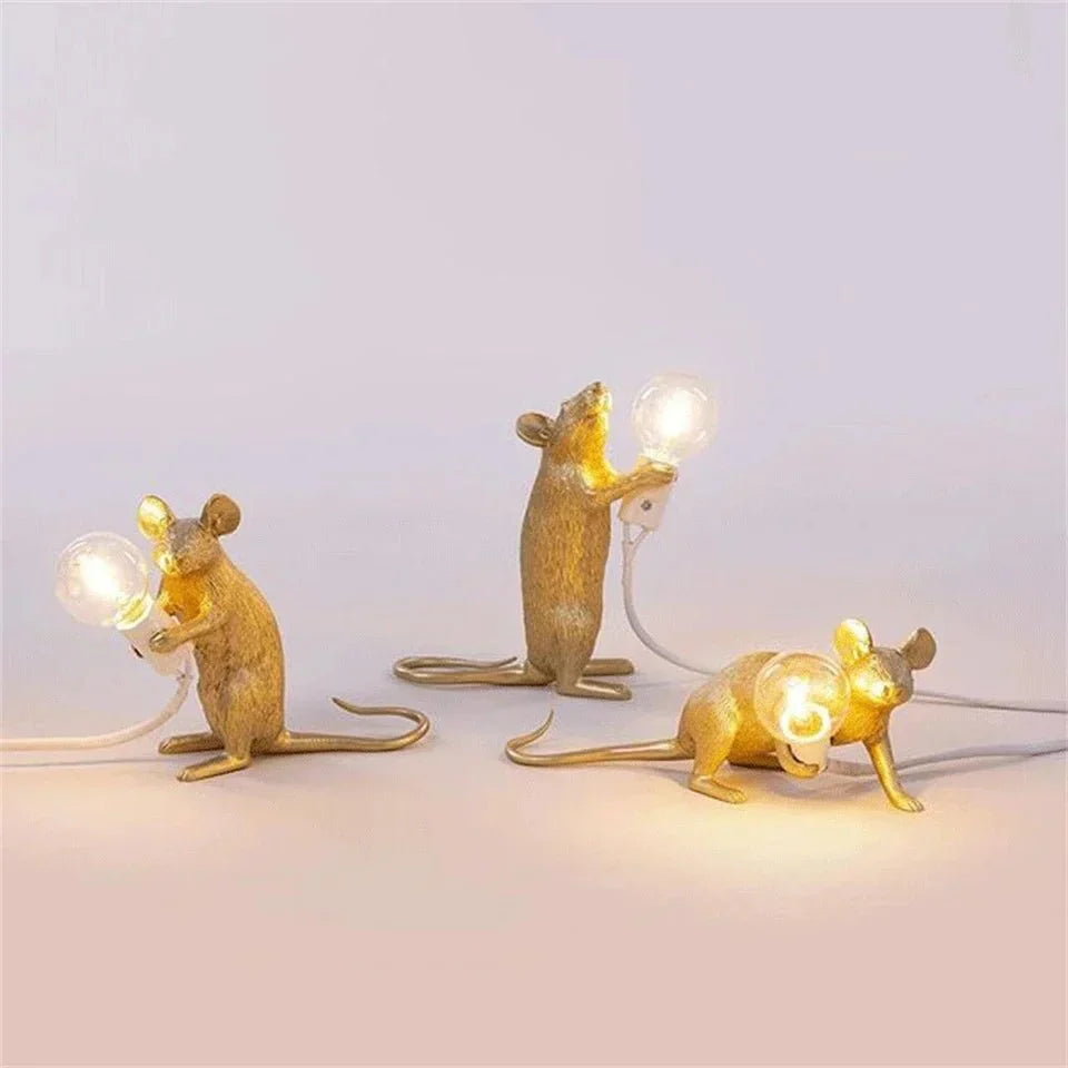 Gold mouse sculptural table lamp with LED bulb, whimsical Art Deco luxury decor accent light