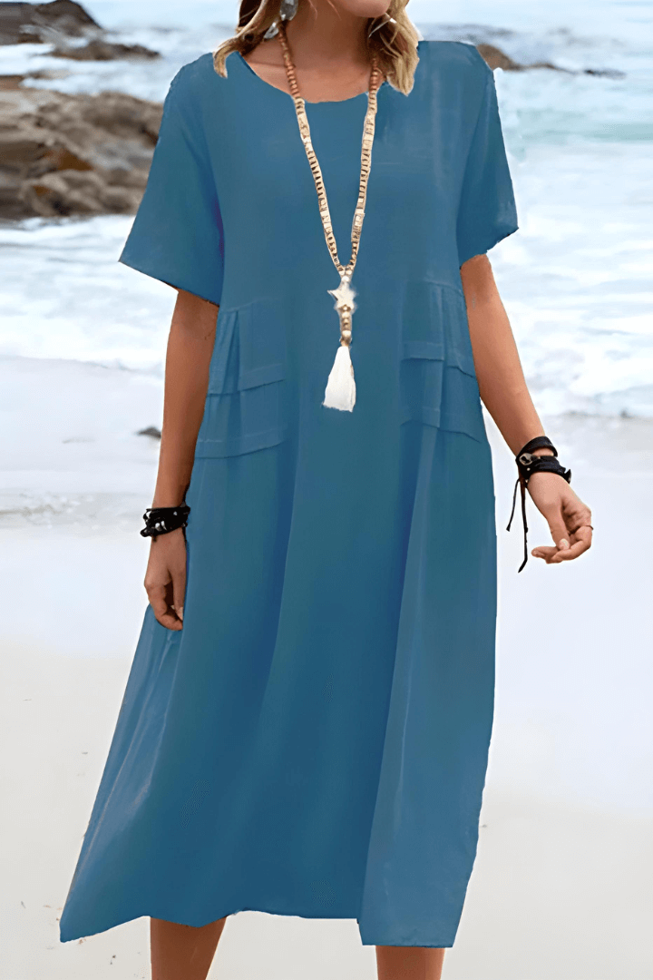 Women's relaxed fit linen cotton blend casual dress with pockets, breathable everyday summer style