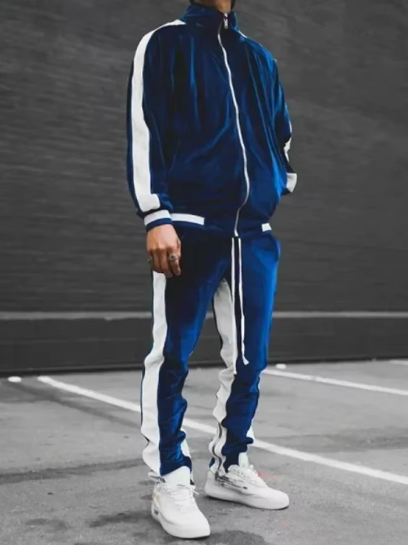 Men's classic tracksuit full-zip navy blue relaxed fit with contrast side stripes for leisure