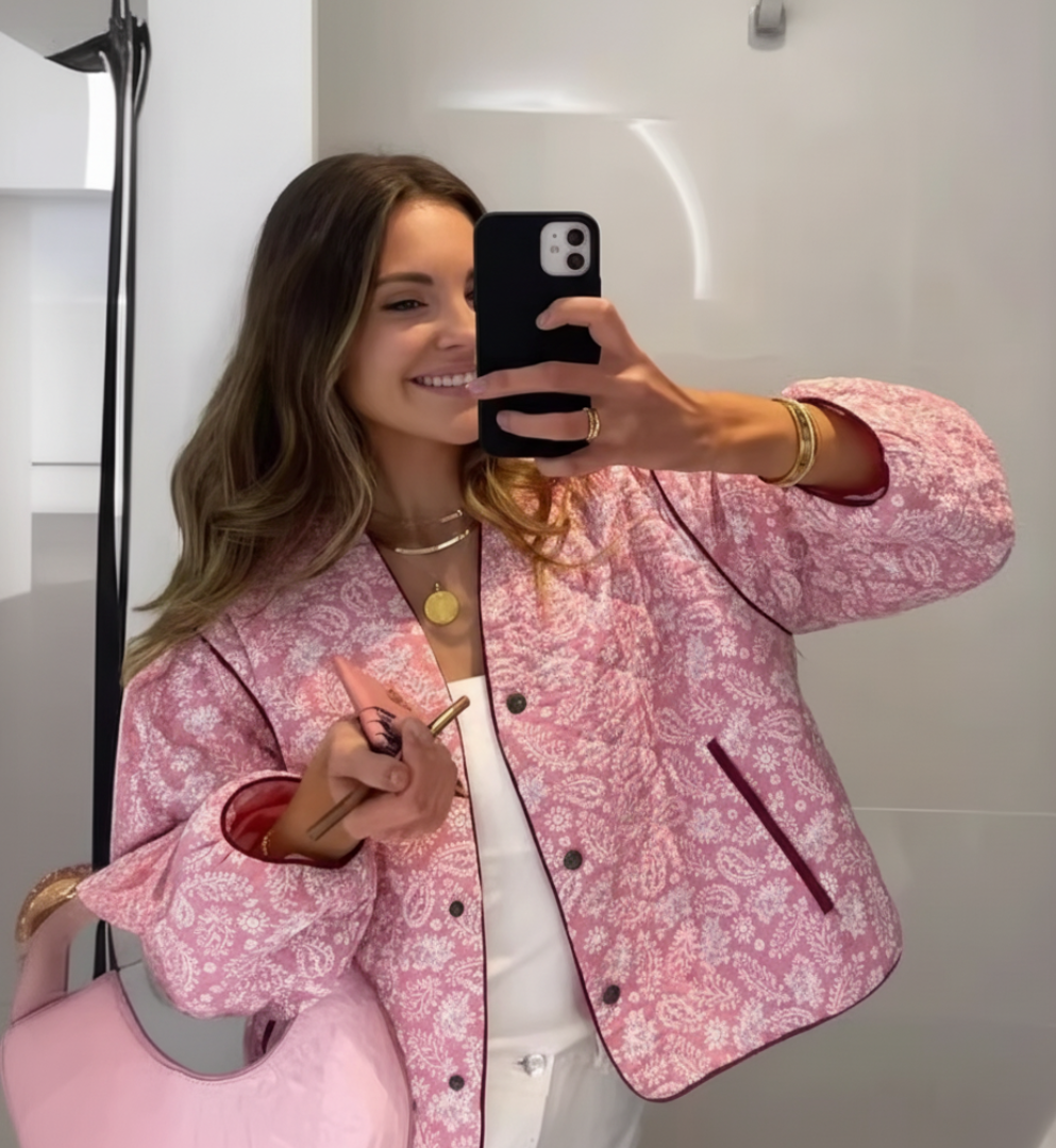 Women's floral quilted jacket relaxed fit hip-length button front with band collar