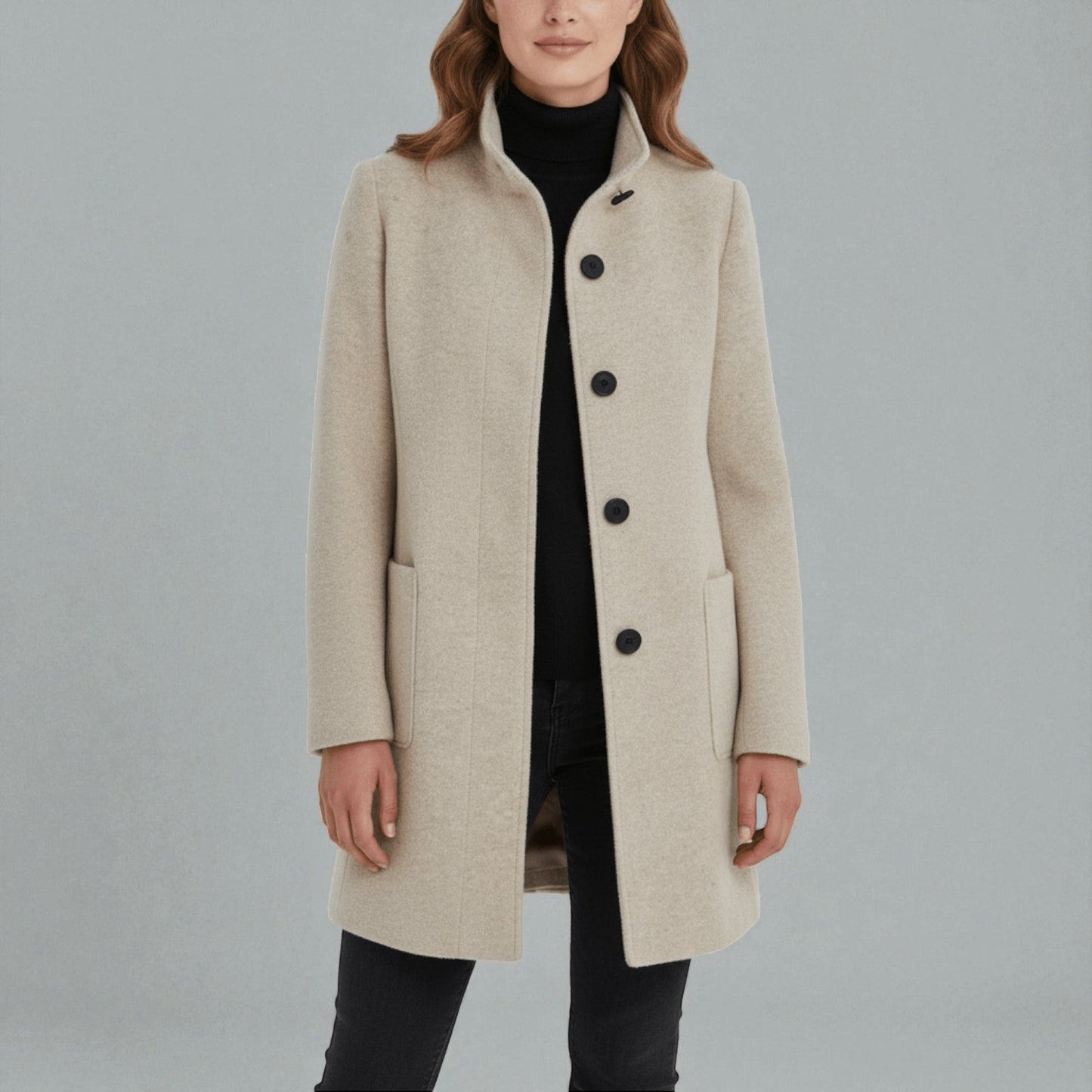 Women's elegant winter coat black stand collar structured silhouette with side pockets durable warmth
