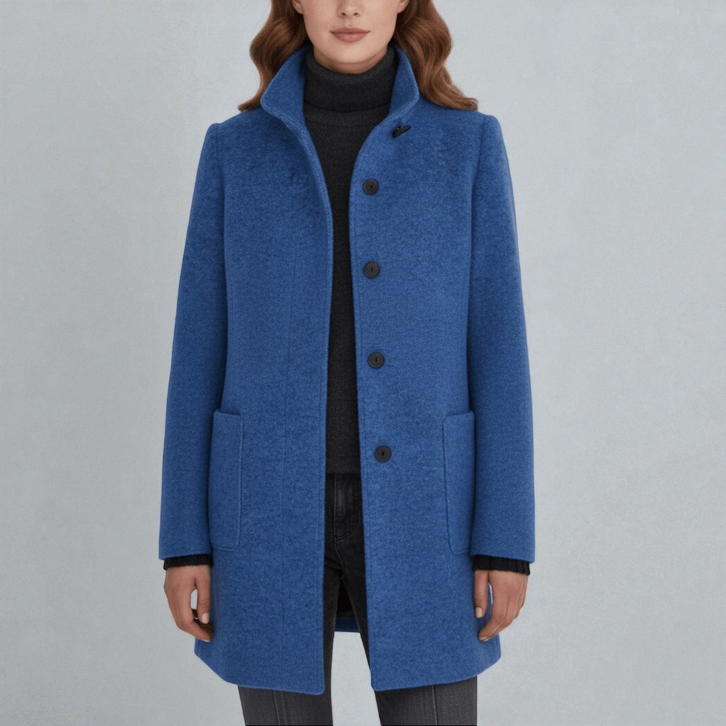 Elara women's winter coat stand collar elegant silhouette warm structured pockets timeless style