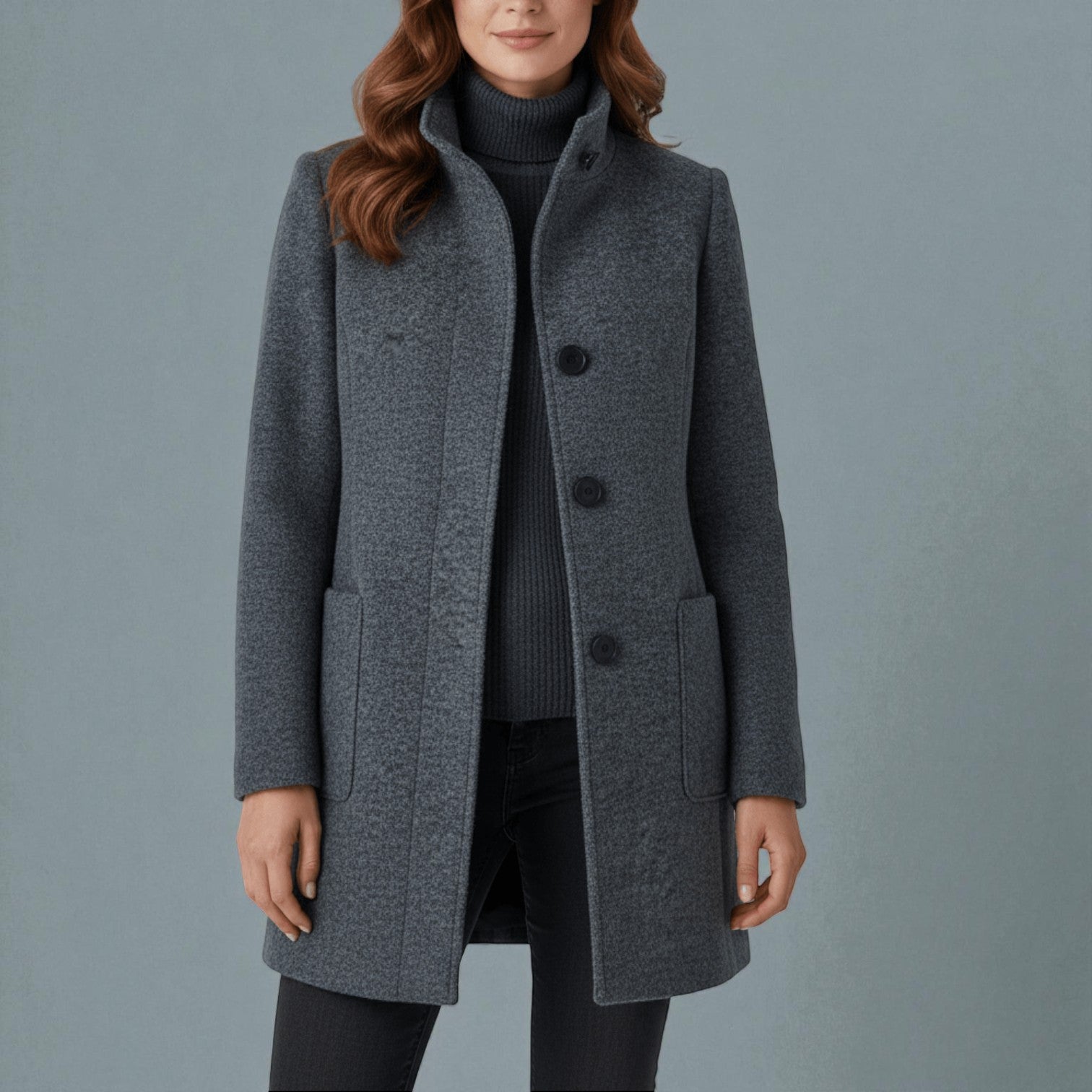Elara women's winter coat stand collar pockets elegant structured silhouette durable warmth