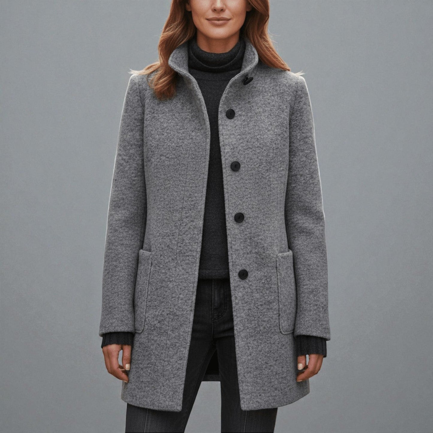 Women's winter coat stand collar elegant silhouette pockets durable structured warmth timeless