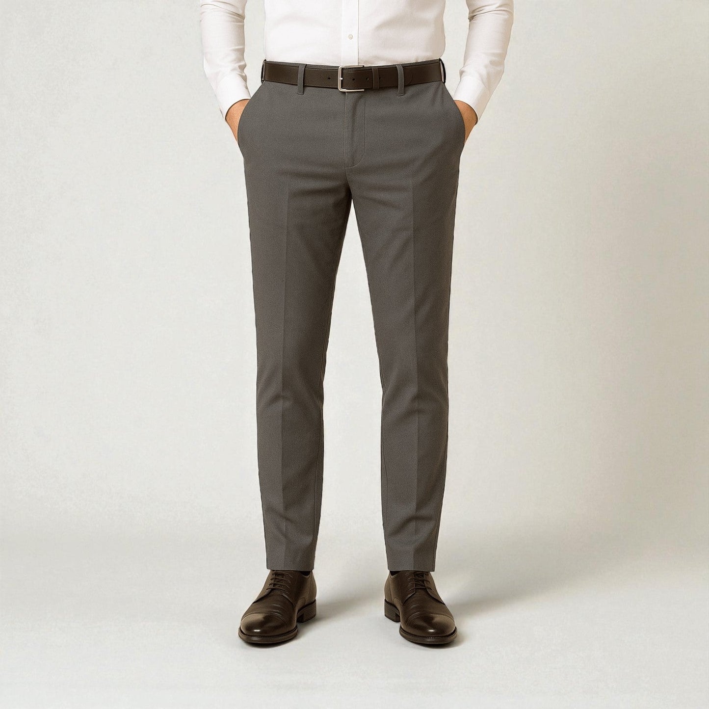 Men's charcoal stretch tailored trousers with heat-efficient fabric for polished winter comfort