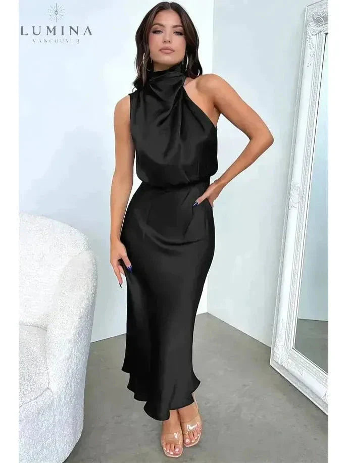Black off-shoulder cocktail dress with lustrous finish, fitted silhouette for glamorous eveningwear