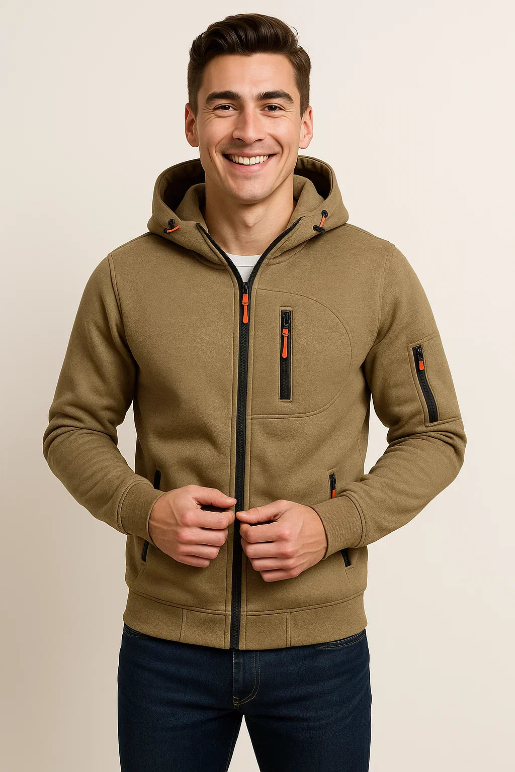 Men's gray zip hoodie athletic fit with multiple pockets and bold contrast zipper detail
