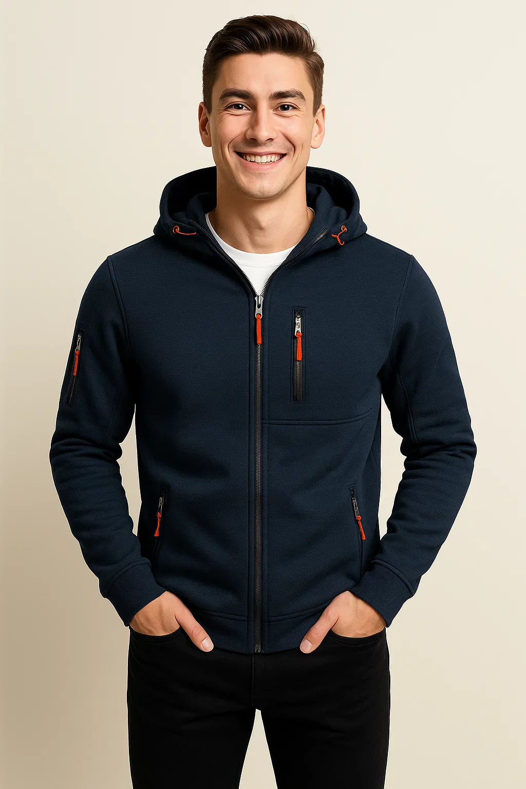 Men's athletic zip hoodie with contrast zipper, multiple pockets, modern slim fit casual outerwear
