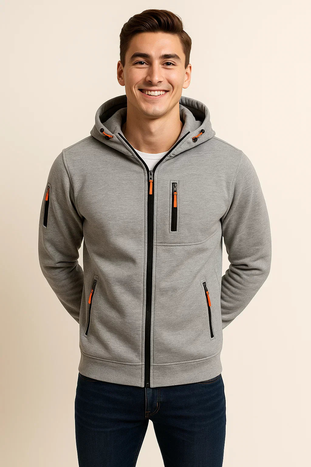 Men's zip hoodie athletic fit with multiple pockets and bold contrast zipper for versatile wear