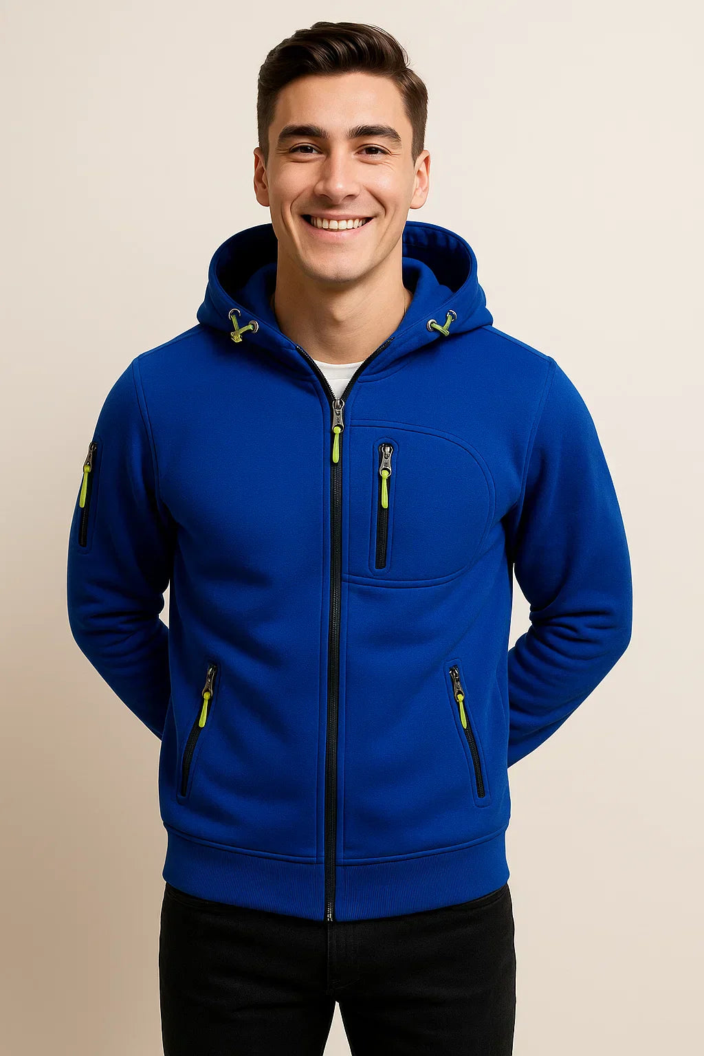 Men's zip hoodie athletic fit with multiple pockets and bold contrast zipper for versatile wear