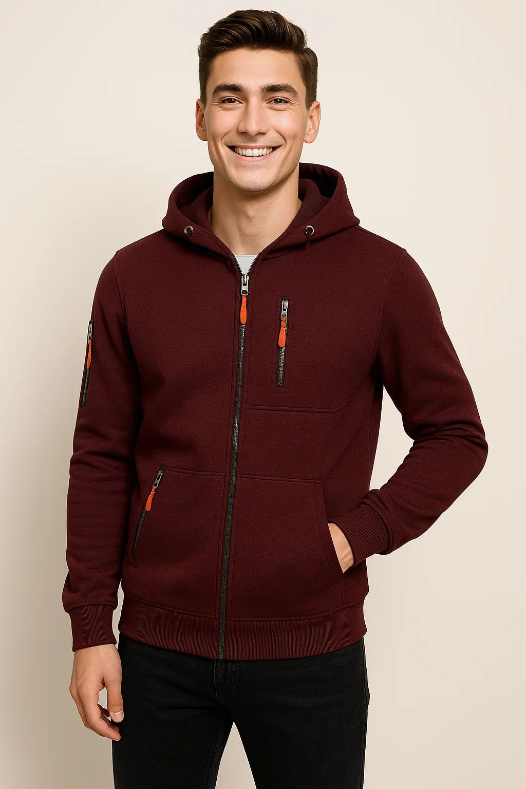 Men's gray zip hoodie athletic fit with multiple pockets and bold contrast zipper detail