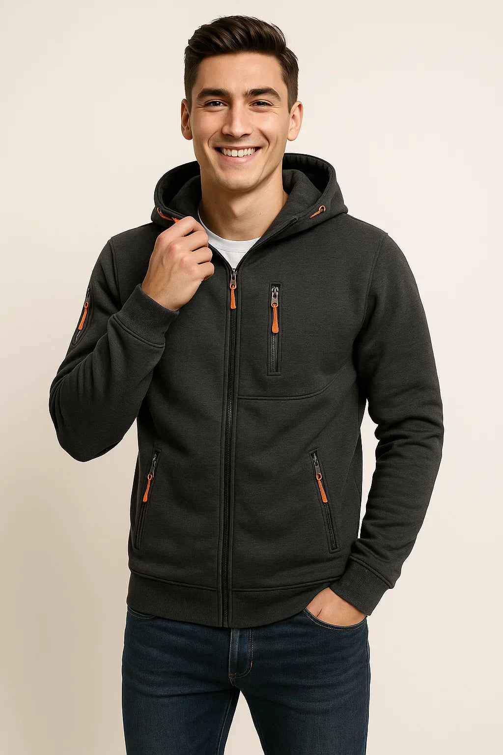 Men's zip hoodie athletic fit multiple pockets contrast zipper casual sportswear everyday comfort
