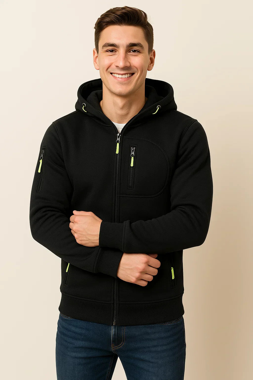 Men's gray zip hoodie athletic fit with multiple pockets and bold contrast zipper detail