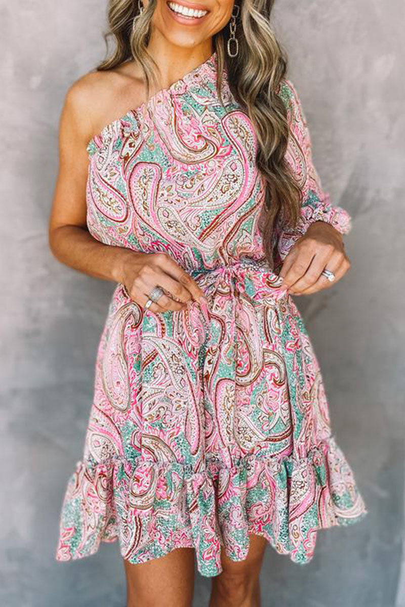 Paisley print one-shoulder mini dress with belted waist, A-line silhouette, day-to-night chic style