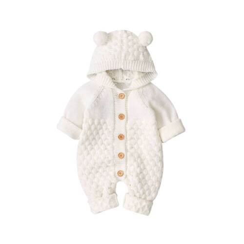 Neutral hooded knit jumpsuit soft linen ribbed cuffs cozy winter warmth newborn to 3 years