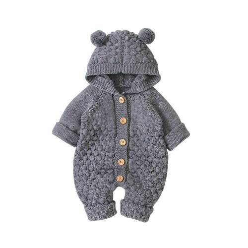 Beige knit hooded jumpsuit for newborns to 3 years with ribbed cuffs cozy winter warmth