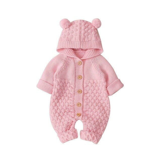 Neutral knit hooded baby jumpsuit long sleeves ribbed cuffs cozy winter warmth newborn to 3 years