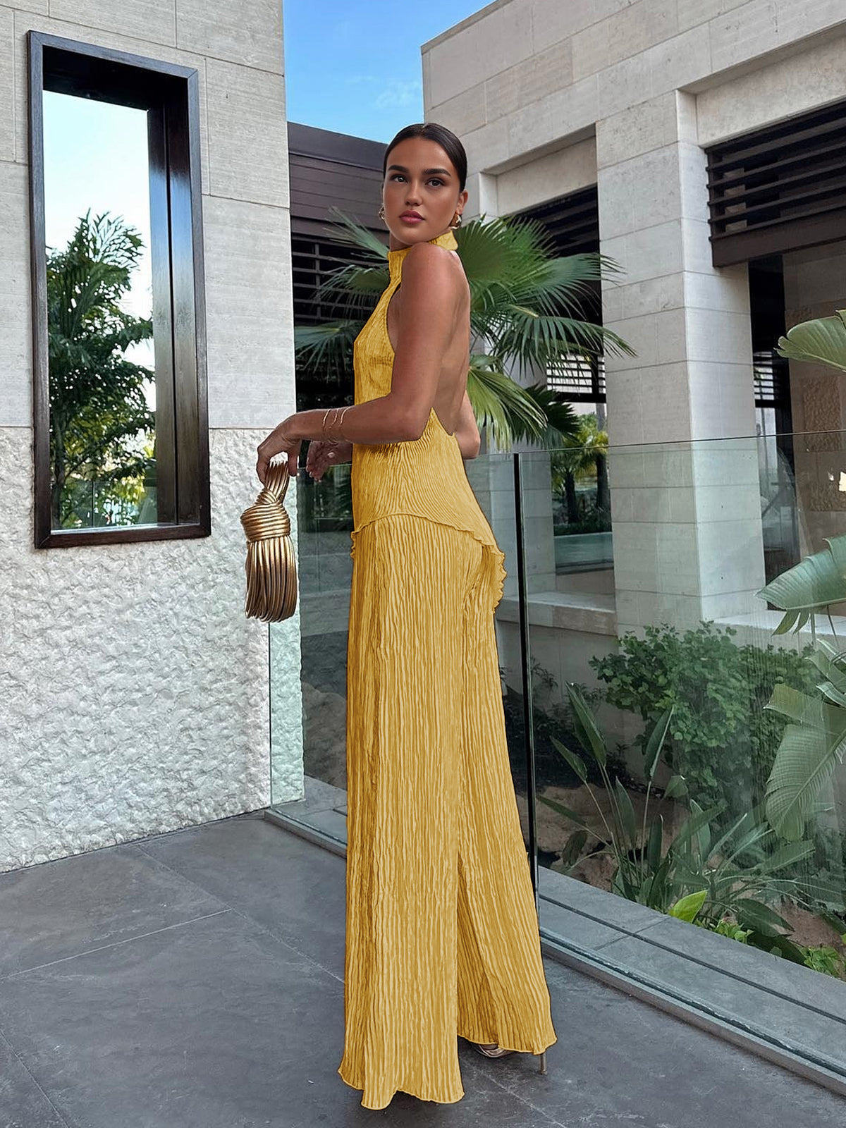 Women's satin halter crop top and wide leg pants set asymmetric neckline chic two-piece outfit