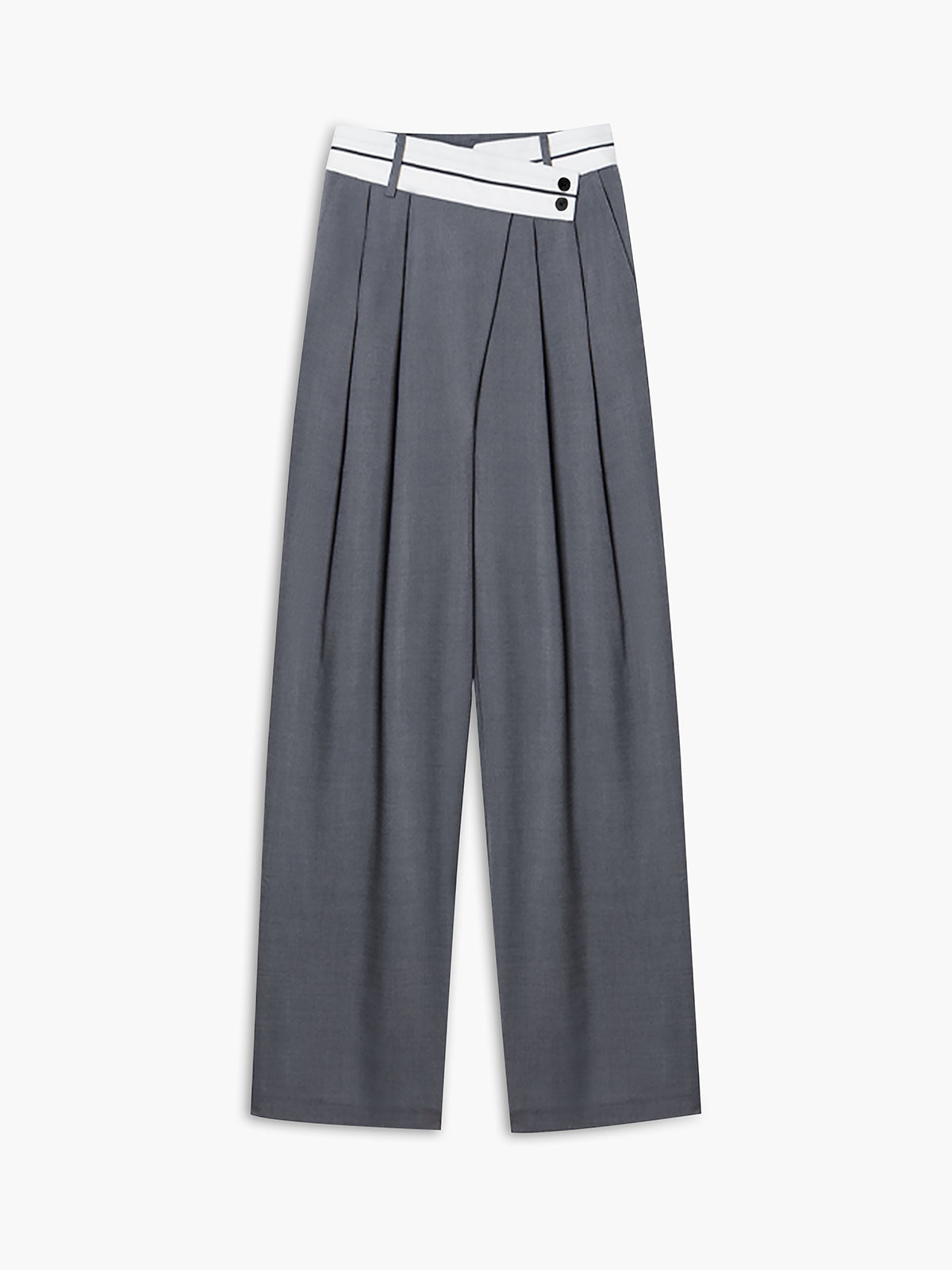 Black wide leg dress pants asymmetrical contrast white waistband tailored silhouette women
