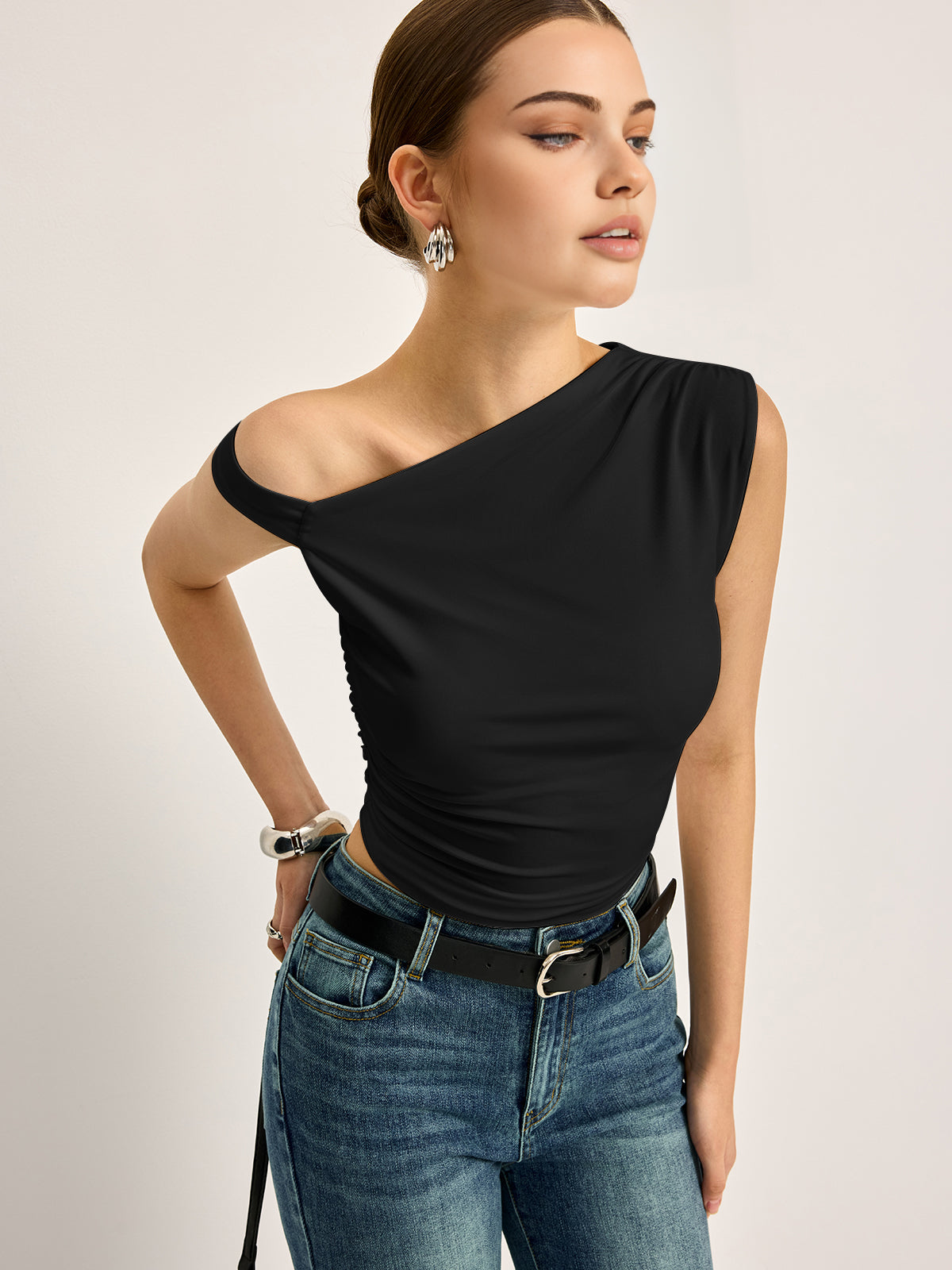 Women's asymmetrical cutout ribbed top short sleeve high-stretch jersey versatile workwear
