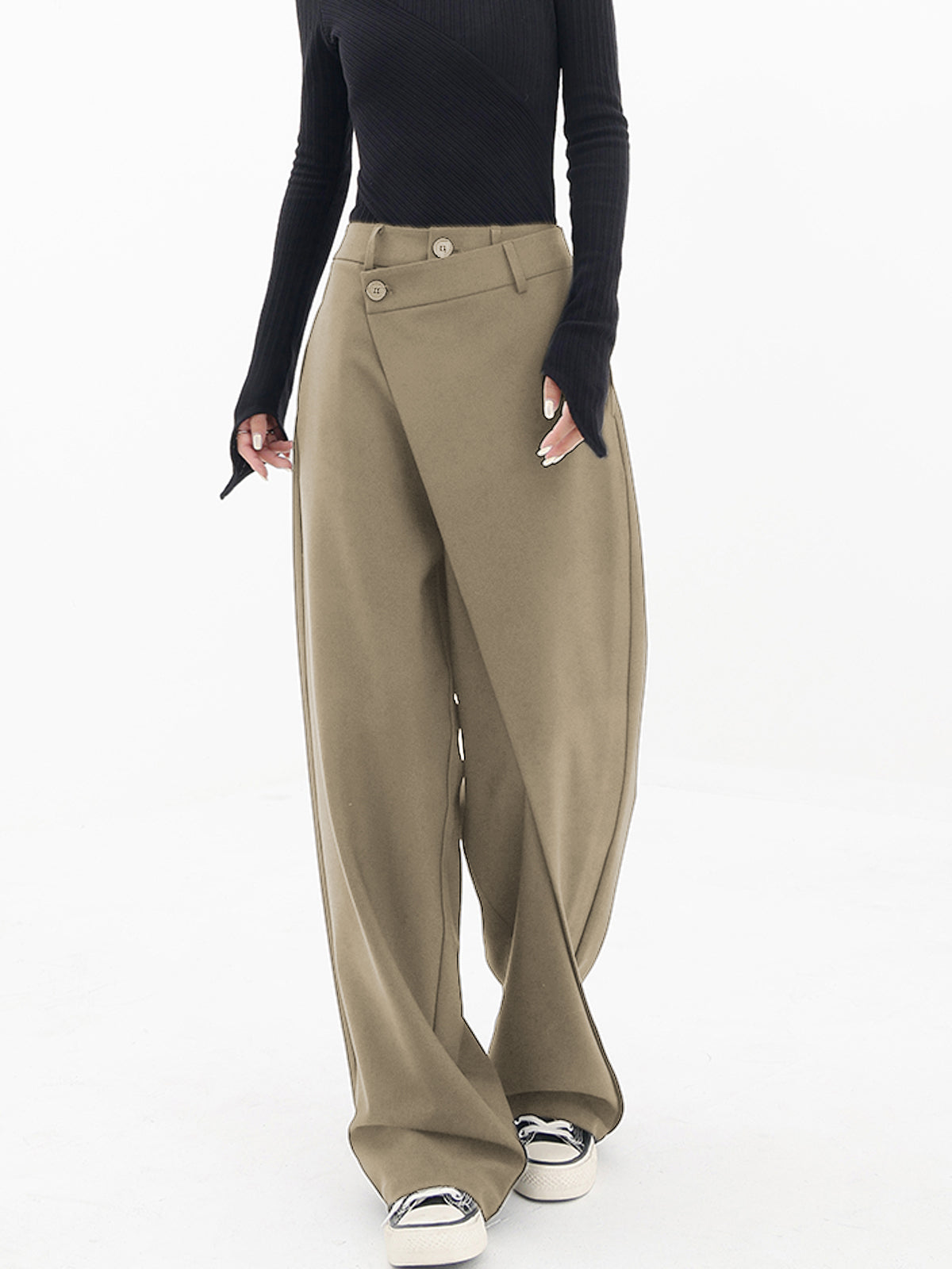 Women's wide leg dress pants with asymmetrical layered front, two-button closure, casual chic style