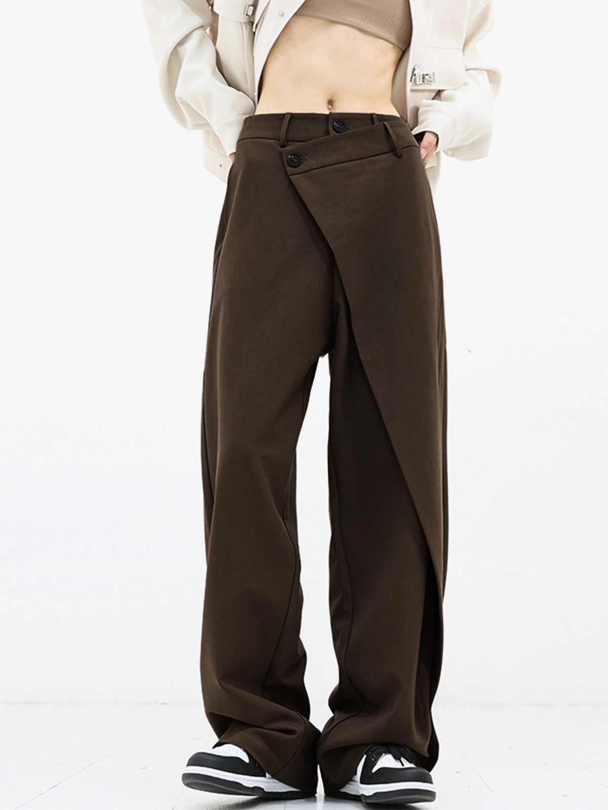 Women's wide leg dress pants with asymmetrical layered front, two-button closure, casual chic style
